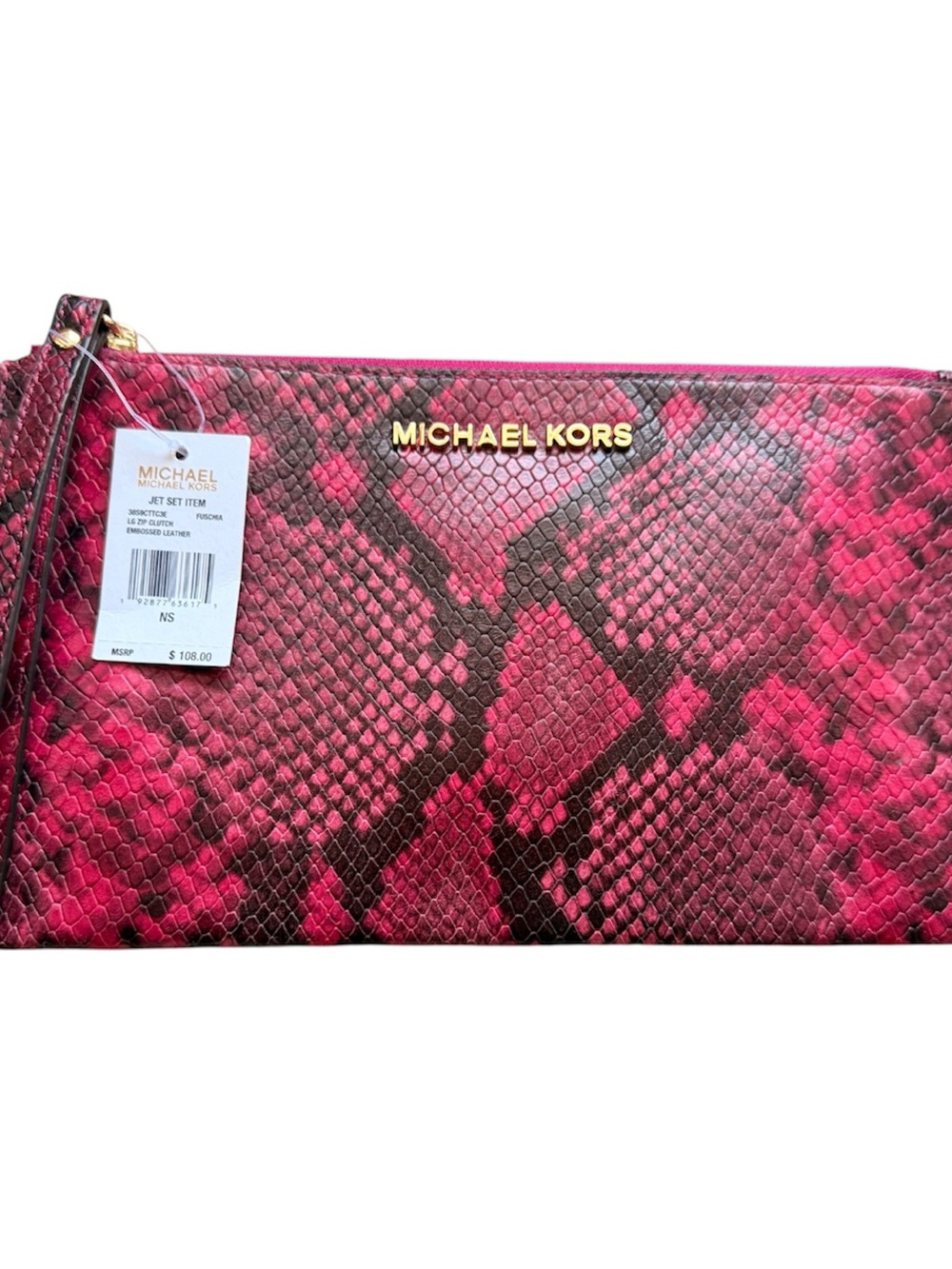 Michael Kors Fuchsia Snake-Print Leather Wristlet with Gold Logo